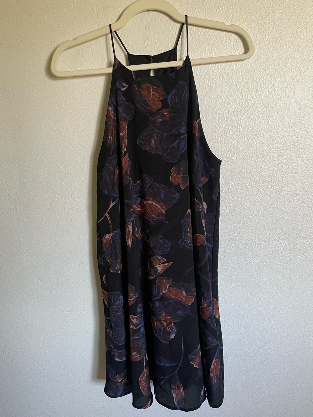 Everly Abstract Dark Floral High Neck Halter Mini Swing Dress small